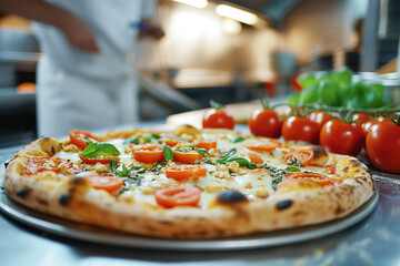 Pizza in the kitchen of the restaurant. Selective focus