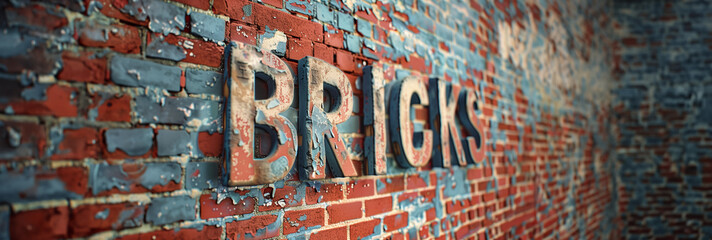 a sign that spells "Bricks" made from brick and on the side of a red brick wall