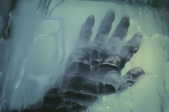Human hand frozen in ice melting down animation