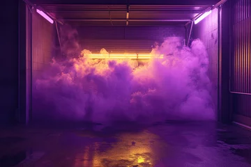 Foto op Plexiglas anti-reflex A magical fusion of glittering gold and mystical purple smoke, creating a fantastical gradient in a 3D garage with enchanting lighting © Haji