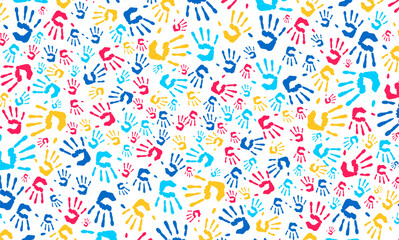 Autism Awareness Day concept colorful kids hand together seamless pattern background. child handprint shaped autism seamless pattern vector illustrator background for autism day template.