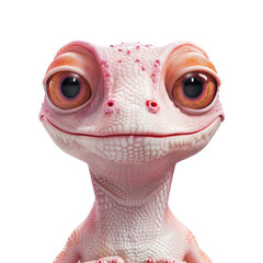 A cartoonish looking lizard with red eyes and pink skin