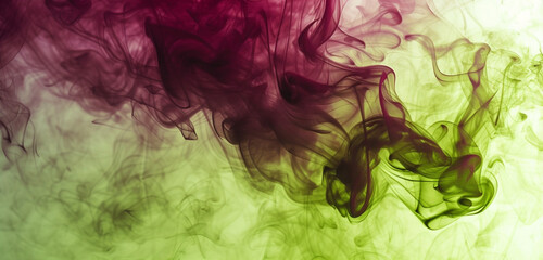 A striking contrast of deep maroon and bright lime green smoke, creating a visually captivating effect over white