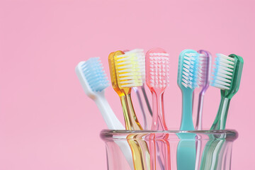 New toothbrushes in glass on pink background