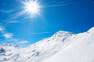 Landscape of Les Menuires with blue sky and sun shine.  