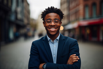 Smiling black businessman in suit. Man in work clothes. Rich man. Business boss. Boss of a start-up. Black man. Africa man. African country.AI. - obrazy, fototapety, plakaty