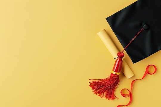Black graduation cap with diploma on yellow background
