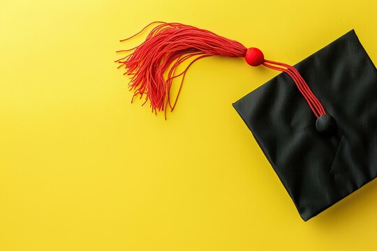 Black graduation cap on yellow background