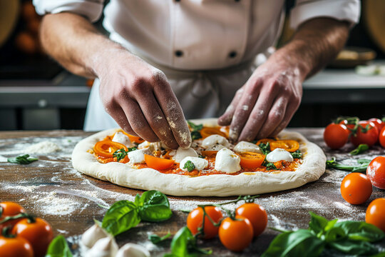 Close up of male hands preparing pizza with mozzarella, tomatoes and basil