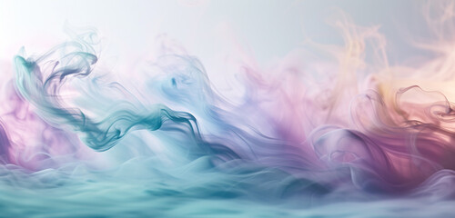 A surreal composition of iridescent smoke in pastel hues, shimmering and flowing over a white...