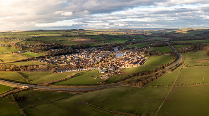 Aerial landscape view of the Northumberland village of Haydon Bridge