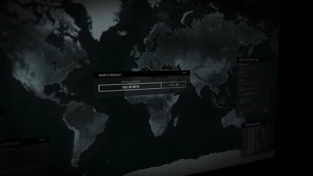 Opening a new computer surveillance program. Data from around the whole planet can be accessed here by the world leaders. Searching for a specific object and finding it in New York, USA. UI.