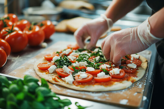 Close up of female chef in gloves making pizza in commercial kitchen