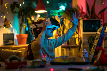 A child is immersed in a virtual reality experience, reaching out with hands while wearing a VR headset, sitting in a tech-equipped room with a laptop and various electronic devices on the table 