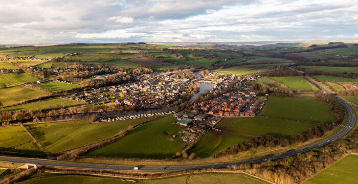 Aerial landscape view of the Northumberland village of Haydon Bridge