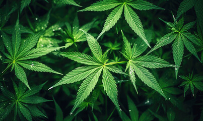 Wet tiny young green marijuana plants