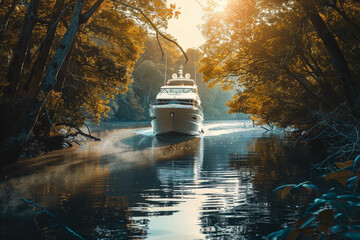 An abstract view of a luxury yacht sailing on a river through a forest