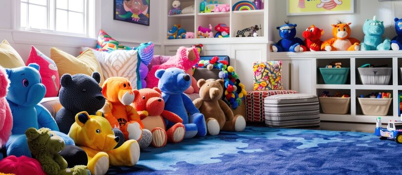 colorful teddy bears on the children's bedroom shelves