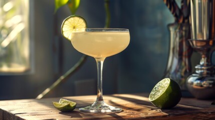 Daiquiri cocktail, beautifully garnished, served on home background. Glass of alcoholic drink.