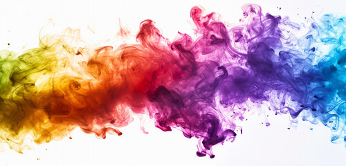 A vibrant array of colorful smoke splashing over a pure white background, resembling a rainbow...
