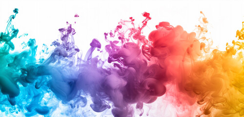 A vibrant array of colorful smoke splashing over a pure white background, resembling a rainbow bursting into a mist