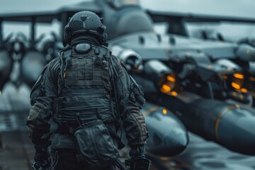 Military Man Standing in Front of Fighter Jets