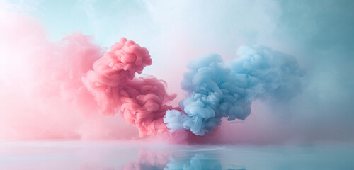 A whimsical dance of cotton candy pink and sky blue smoke over a white surface, evoking a playful,...