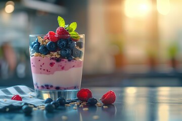 Glass with yogurt and ripe berries on kitchen table