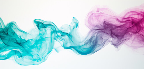 An abstract splash of magenta and turquoise smoke, forming an artistic, fluid pattern against a white background