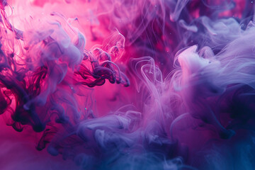 A whimsical viva magenta smoke scene, with flowing light and playful splashes, forming an abstract background with an ink-in-water ambiance