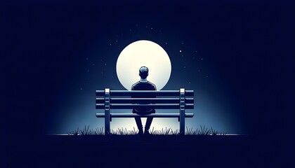 Moonlit Solitude: A Silhouette Sitting on a Bench Under the Luminous Moon