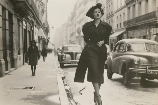 Fototapeta A vintage photo shows an elegant woman walking in the streets of Paris