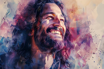 Realistic watercolor portrait of Jesus Christ smiling and illuminated by God, a symbol of hope and glory in Christian and Catholic religion. Ideal for Easter, Bible, and faith concepts. - obrazy, fototapety, plakaty