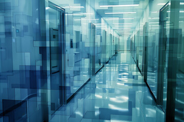 An abstract view of a medical laboratory, with a labyrinth of corridors and doors