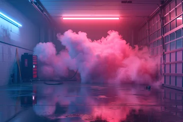 Foto op Plexiglas An elegant blend of champagne and rose smoke, creating a sophisticated gradient, displayed in a well-lit 3D-rendered garage © Haji