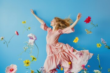 Obraz na płótnie Canvas Portrait of a blonde woman in a pink dress appearing to fly surrounded by colorful flowers on a blue background