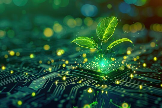 A green leaf is growing on top of a computer chip. Concept of growth and innovation, as the leaf represents nature and the computer chip represents technology