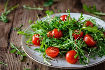 Fresh salad with microgreen, arugula and tomatoes in plate on wooden table