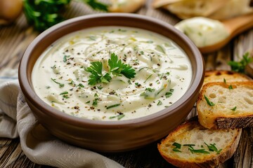 Zucchini cream soup puree in bowl and piece of bread on wooden table