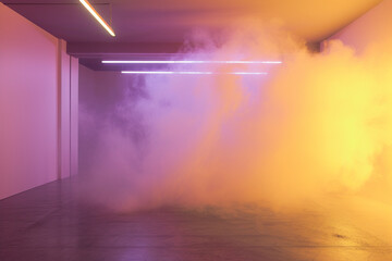 An ethereal blend of soft violet and pale yellow smoke, forming a tranquil gradient in a 3D-rendered garage with diffused lighting