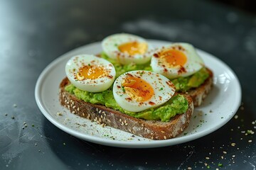 Toast rye bread with avocado puree and hard boiled eggs on grey background