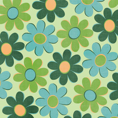 Blue And Green Textured Retro Daisy Flower Pattern