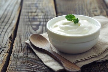 Bowl with white yogurt and mint leaves on wooden table - obrazy, fototapety, plakaty