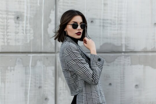 Photo of A stylish woman wearing sunglasses and an oversized grey plaid coat with black top
