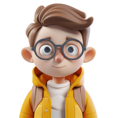 A cartoon boy wearing glasses and a yellow jacket