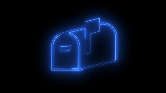Neon glowing blue mail letter box icon animation in black background