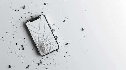 Phone with cracked screen on white background