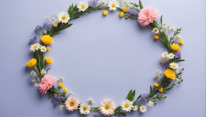 spring frame of flowers in the shape of circle on purple background with copy space, space for text and design