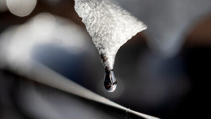 a drop of melted snow falls from the roof