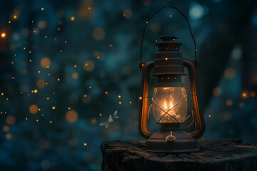 Vintage kerosene lamp on a stump in a dark forest with fireflies and bokeh on a dark background. Mysterious and enigmatic atmosphere of the night forest. Generated AI